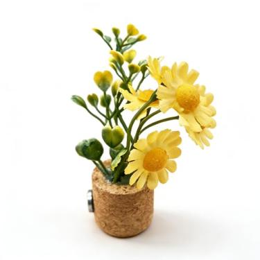 Imagem de Pacote com 1 mini rolha de cortiça com margaridas artificiais – Lindas plantas em vasos artificiais para decoração de casa, mesa de escritório, prateleira, artesanato DIY, jardim de fadas e