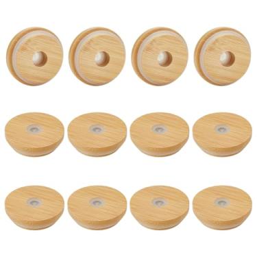 Imagem de OLYCRAFT 12 peças de tampa de madeira para potes de vidro, tampa reutilizável de 6 cm com furo de palha, tampas de vidro de madeira, tampas de substituição para copos de cerveja com silicone à prova