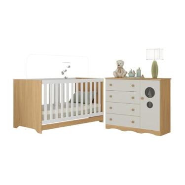 Imagem de Berço Americano 3 em 1 com Cômoda 1 Porta 4 Gavetas Sonho Multimóveis Mp4709 Madeirado/off White