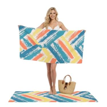 Imagem de Canga Toalha de Praia Verão Premium, Microfibra Aveludada, Branco com Listras Amarelo, Salmão e Azul, 160x80 cm, Dupla Função e Secagem Rápida
