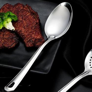Imagem de Colher de aço inoxidável colheres de servir escumadeira 304 colher de concha, escorredor de macarrão para cozinha, fritar, graxa desnatada, molho e concha de sopa perfurada de espuma, utensílios de