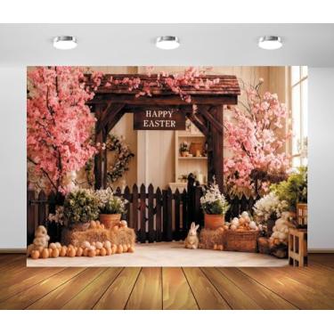 Imagem de Pano de fundo para fotografia de páscoa feliz 3 x 2,4 m, ovos, coelhos desabrochando, flores rosa, paisagem natural, tema de páscoa, decoração de festa, faixa de fotos, adereços de estúdio