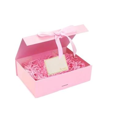 Imagem de Kit de caixa de presente magnética com grama e cartões - para festas de fim de ano e presentes de dia dos namorados, conjunto de caixa dobrável preta e rosa (rosa 23 cm)