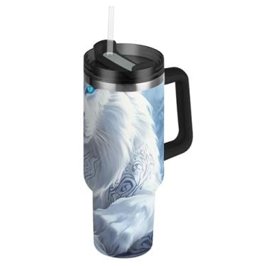 Imagem de Fantasy Copos de tigre branco olhos azuis com tampa e canudo Copo engraçado de 1,134 g com alça garrafas de água isoladas de aço inoxidável xícaras de café quente para carro