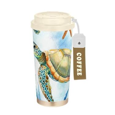 Imagem de TSENQUE Copo de café de viagem 473 ml com revestimento cerâmico, copo de café de aço inoxidável com canudo e tampa de filme, copo isolado a vácuo, animal tartaruga marinha em aquarela