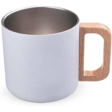 Imagem de Caneca Térmica 400ml em Aço Inox com Parede Dupla e Alça de Bambu Natural, Copo Térmico Branco com Tampa de Vedação para Café, Chá e Bebidas, Design Minimalista e Sustentável Premium