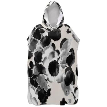 Imagem de Joisal Poncho de surfe para adultos trocador de roupas de banho de praia com capuz leve unissex adulto poncho com capuz aquarela floral preto branco
