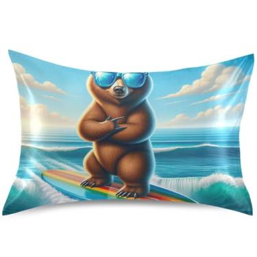 Imagem de Linda capa de almofada de cetim com estampa de urso de surfe, capa de travesseiro padrão king queen estampada, presentes modernos, roupa de cama, tamanho king, 101,6 cm x 50,8 cm