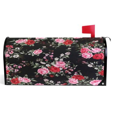 Imagem de TSENQUE Caixa de correio decorativa capas magnéticas vinil caixa de correio envoltório verão floral rosa rosas vermelhas preto fazenda decoração caixa de correio exterior tamanho padrão 52,6 x 45,8 cm