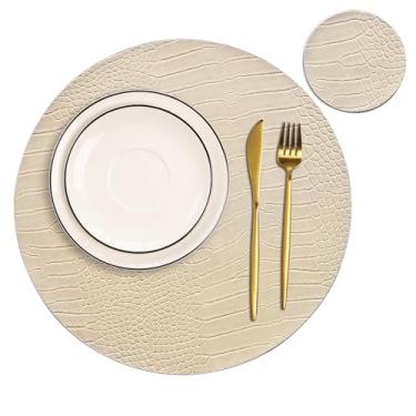 Imagem de Jovono Jogo americano redondo de couro para mesas redondas conjunto de 6, tapetes e porta-copos bege, tapetes de mesa impermeáveis e resistentes ao calor, fáceis de cuidar, para decoração de