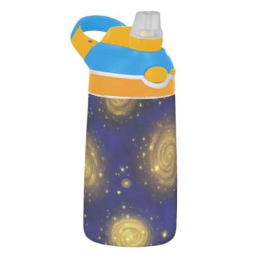 Imagem de Garrafa de água infantil de 473 ml com tampa de palha, garrafa de água esportiva Tritan de 473 ml, copo infantil reutilizável portátil, alça de transporte, céu noturno estrelado, roxo dourado