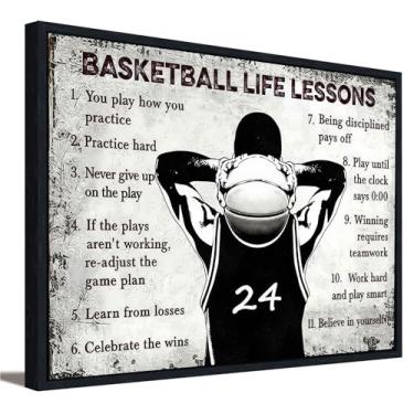 Imagem de Arte de parede emoldurada em tela esportiva basquete lições de vida decoração de parede imagem citações inspiradoras menino motivacional pôster pintura impressa para sala de estar de ginásio quarto