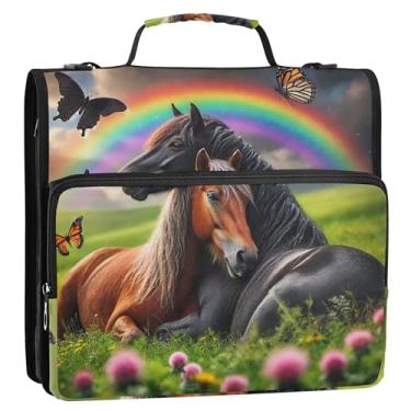 Imagem de Fichário de 3 anéis com 3 anéis de cavalo animal fofo organizador de zíper bolsa escolar com alça de ombro divertida, vários bolsos, pasta grande para portfólio