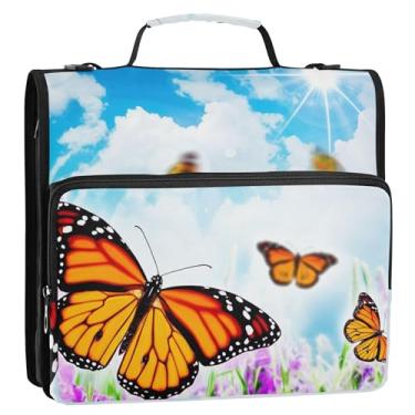 Imagem de Organizador de fichário com zíper de desenho animado, 3 anéis, anel D de 3,8 cm, borboletas laranjas, flores, estojo com alça para fichários escolares com alça de ombro