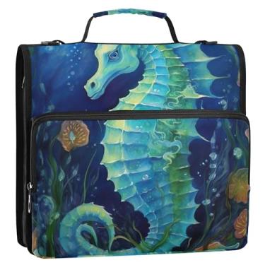 Imagem de Divertidos fichários de 3 anéis de 3,8 cm Anel D azul marinho cavalo marinho floral organizador com zíper, vários bolsos, pasta grande para fichários escolares com alça de ombro