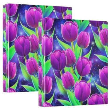 Imagem de Fichários de 3 anéis de tulipas roxas vibrantes 3,8 cm comporta 200 folhas de fichário de receitas de anel redondo, 31,5 x 27 x 6 cm, pacote com 2