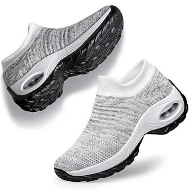 Imagem de Tênis de caminhada feminino YHOON - Tênis de meia sem cadarço plataforma de malha acolchoado a ar sapatos atléticos trabalho enfermeira confortável, Light Grey, 8