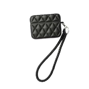 Imagem de Capa de fone de ouvido para AirPods Pro 3, capa elegante luxuosa clássica de couro PU com superfície de silicone macio, capa protetora para AirPods Pro 3 para fones de ouvido + cordão - preta