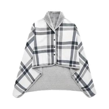 Imagem de Cobertor De Fleece Xadrez Vestível Com Botão, Quente Para Inverno, Sof