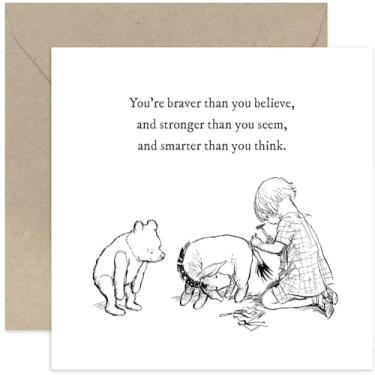 Imagem de Old English Co. Cartão de aniversário Ursinho Pooh para Amigo - Citação Braver do Ursinho Pooh e leitão para irmã, prima, melhor amiga - Cartão de simpatia Pensando em Você | Em branco dentro com