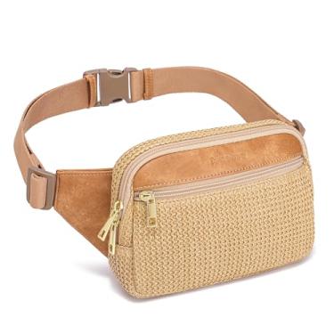 Imagem de Bolsa de cinto de palha, bolsas transversais para mulheres, pochete pequena, bolsa de verão, bolsas de praia de tecido, Caqui com marrom puro