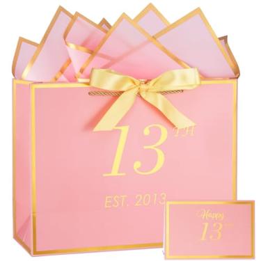 Imagem de momoake Bolsa de presente de aniversário de 13 anos com cartão e papel de seda para mulheres/ela, 2012, 13 anos, 33 cm, elegante, ouro rosa, lembrança, presente de festa, compras, sacolas de papel