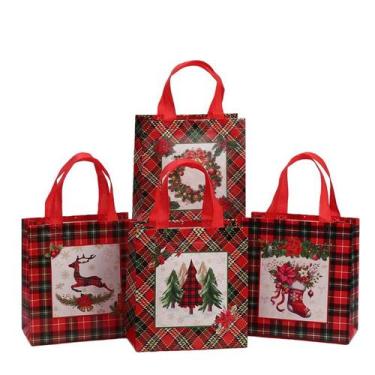Imagem de Sacolas não tecidas xadrez de desenho animado de Natal, pacote com 12 