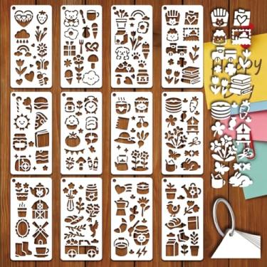 Imagem de GOMAKERER 12 folhas, elementos de desenho animado simples, estênceis para pintura, 12 estilos kawaii, flor, cão, casa, nuvem, modelos, reutilizáveis, para álbuns, agendas, scrapbook