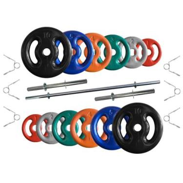 Imagem de Kit Anilhas Emborrachadas 50 Kg + Barras com Presilhas - 2M