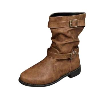 Imagem de Botas femininas de couro de inverno fivela de cinto fosco cano médio bico redondo salto grosso moda casual EU 36-43, Marrom, 35