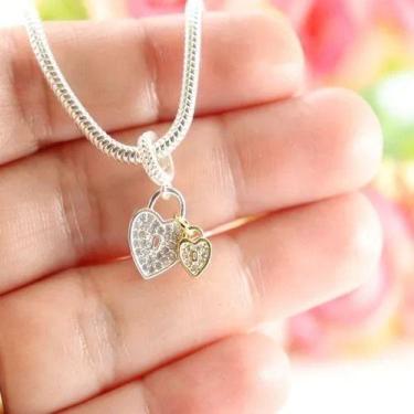 Imagem de Berloque Charms Prata Legitima 925 2 Coração Cravejado, 3, Prata