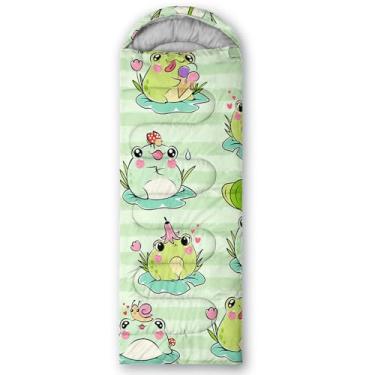 Imagem de AILONEN Lindo saco de dormir verde sapo para acampamento, leve e impermeável, clima quente e frio para 3 estações, compressão portátil de viagem com bolsa de transporte compacta para crianças, meninas