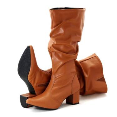 Imagem de Bota Feminina Marrom Bico Fino Salto Grosso Lirom Tendência, Marrom, 3