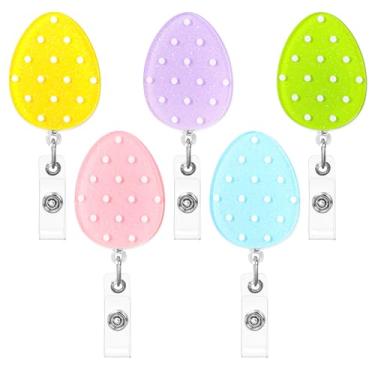 Imagem de FYSUIMU 10 peças de carretel de crachá de Páscoa com clipes, cordão retrátil, pastel, ovo de páscoa, suporte de crachá de identificação, glitter, clipes acrílicos, presentes para professores