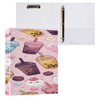 Imagem de ATTX Fichário Kawaii Bubble Tea com 3 argolas de 3 cm para papel tamanho carta, 21,6 cm x 28 cm, fichários com três argolas com prancheta para material de escritório #722