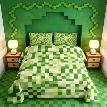 Imagem de Manfei Jogo de cama casal de mineiros pixelados verdes, geométrico, videogame, 3 peças, estampa quadriculada, xadrez para todas as estações, decoração de quarto de crianças, meninos e meninas, 2