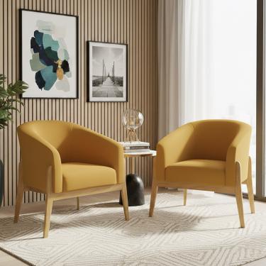 Imagem de Poltrona Sala Decorativa Kit 2 Stella Base de Madeira Veludo Mostarda D03 - D'Rossi