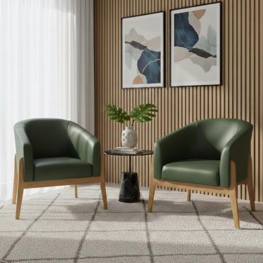 Imagem de Poltrona Sala Decorativa Kit 2 Stella Base de Madeira Sintético PU Verde D03 - D'Rossi