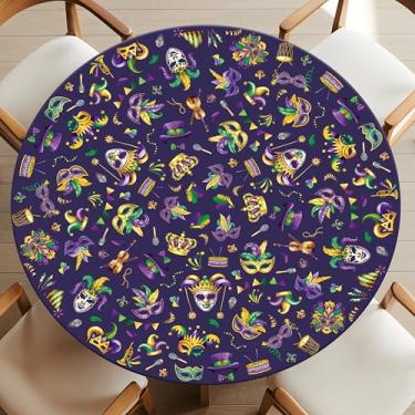 Imagem de Toalha de mesa redonda de carnaval com elástico para festivais de carnaval, à prova d'água, decorações de mesa de carnaval, para pátio, férias, cozinha, festa, serve para 91 cm a 101 cm (roxo, 101 cm