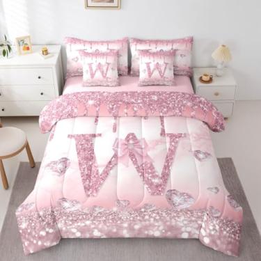 Imagem de Conjunto de edredom solteiro com alfabeto rosa, 7 peças, romântico, com laço e laço romântico, para crianças, adolescentes, com laço e lençóis, estilo princesa sonhadora