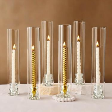 Imagem de OWLREX Conjunto de 6 castiçais de vidro Hurricane com base de castiçais cônicos transparentes - 35,56 cm de altura Castiçais cônicos de vidro transparente à prova de vento para mesa de casamento