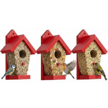 Imagem de Casas alimentadoras de pássaros comestíveis com bolos de sebo, telhado decorativo de madeira vermelha, à prova de intempéries, atrai pássaros selvagens para quintal, pátio e alimentação externa