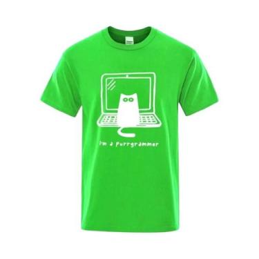 Imagem de Camiseta Masculina Engraçada Com Estampa De Gato Programador, Algodão,