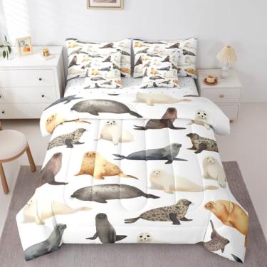 Imagem de Erosebridal Conjunto de edredom solteiro com leão-marinho com selo de 7 peças, para crianças, meninos e meninas, animais do oceano, com edredom e fronhas