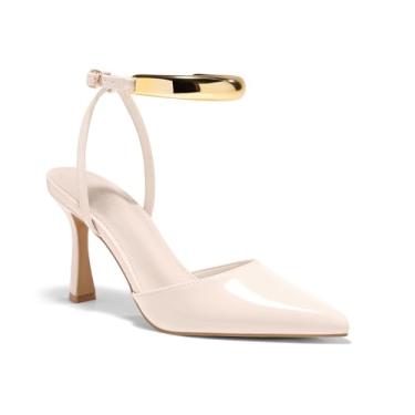 Imagem de Coutgo Sapato social feminino com tiras de salto alto fechado bico fino tira no tornozelo metal festa, Bege, 37