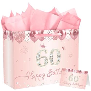 Imagem de JCTHKUKU Saco de presente de aniversário de 60 anos rosa dourado e fabuloso para mulheres, grande, rosa, para presente de feliz aniversário, com papel de embrulho e cartão