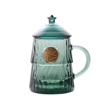 Imagem de x3anggyt5 Copo de vidro de água de 325 ml com tampa e alça, caneca de vidro moderna verde escuro para árvore de Natal