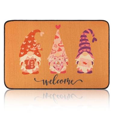 Imagem de ANGOLIO Presentes de Dia dos Namorados Gnomo Love Heart Capacho Decorativo, Tapete de Porta de Banheiro Entrada Interior Pano de Linho Antiderrapante Pode Ser Lavado, Tapete de Porta de Boas-Vindas