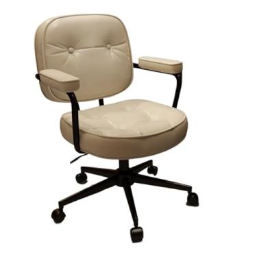 Imagem de Cadeira de escritório clássica confortável de couro PU para casa, cadeira de escritório no meio das costas, quarto, levanta e gira para maquiagem cadeira de mesa (branca)