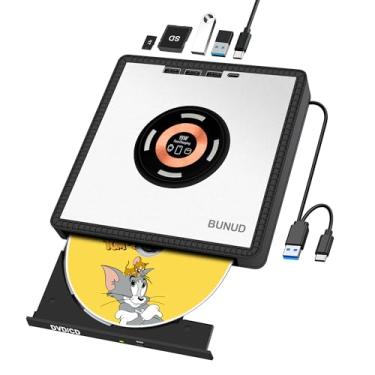 Imagem de BUNUD Unidade externa de CD e DVD: Unidade de DVD USB Gravador de DVD externo para PC com 3 compartimentos USB e TF/SD Leitor de disco portátil fino para laptop, Mac, Windows 11, Apple, com